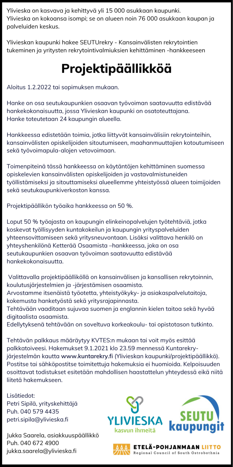 Ylivieskan kaupunki hakee projektipäällikköä